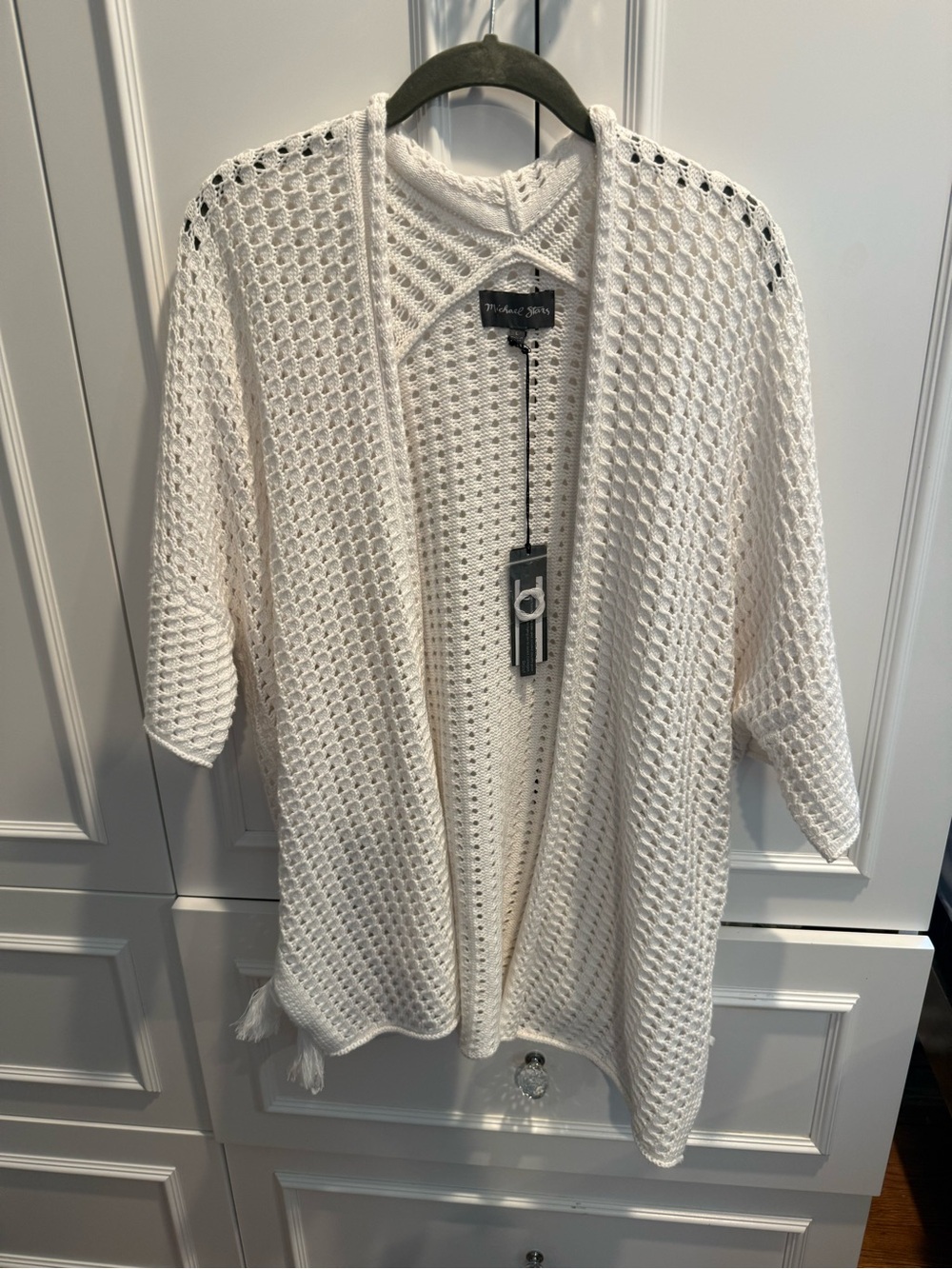 Michael Stars Cream Open-Knit Tassel Hem Cardigan